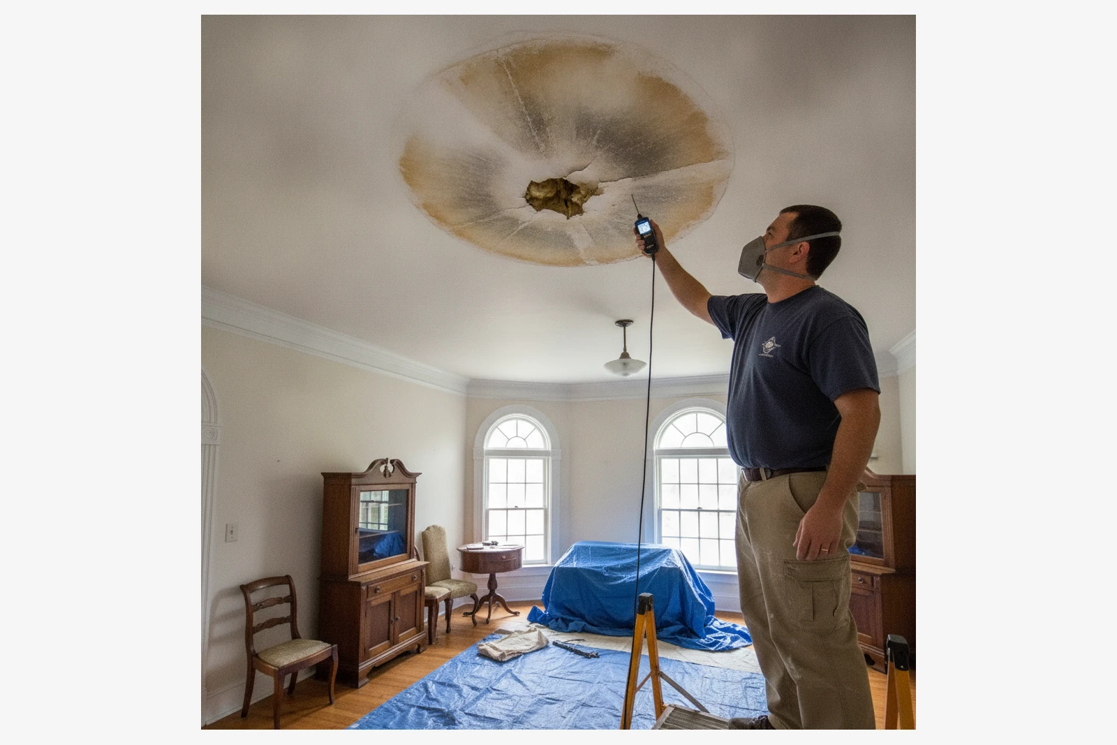 Ceiling water damage repair moisture check Meriden Connecticut New Haven County drywall specialist plumbing leak follow-up