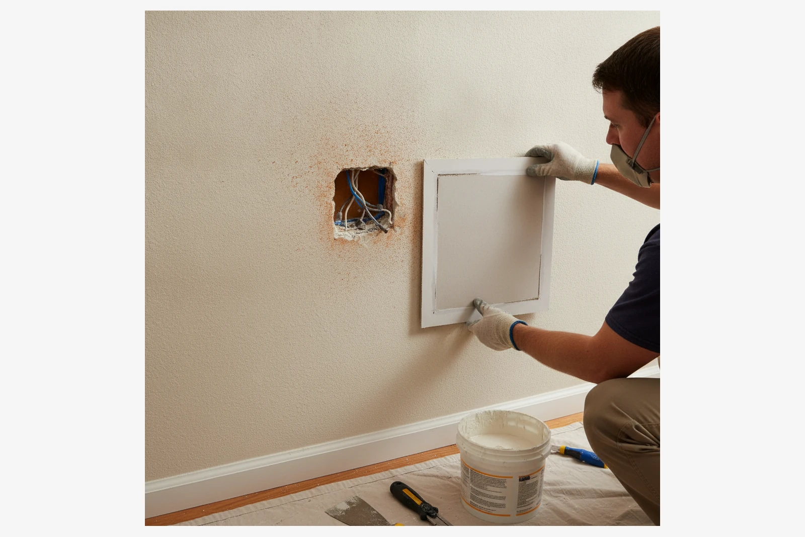 Contractor cutout patch drywall Meriden Connecticut New Haven County electrical cutout orange peel texture match