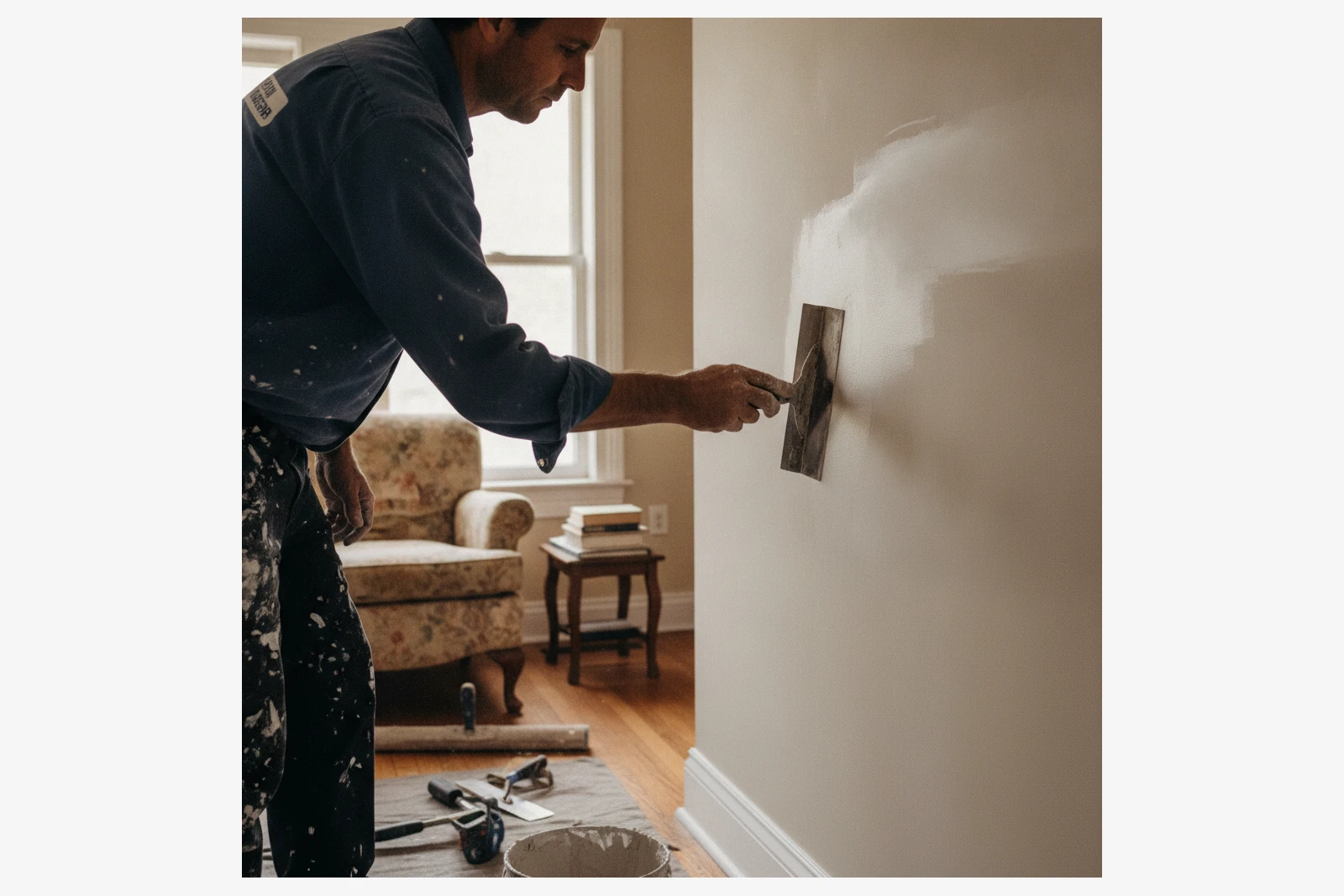Drywall repair specialist applying compound wall patch Meriden Connecticut New Haven County texture matching Luis central CT