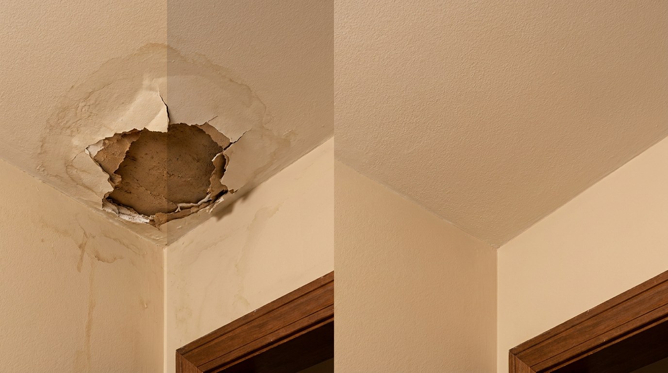 Drywall texture match before and after repair in Meriden Connecticut New Haven County orange peel skip trowel finish